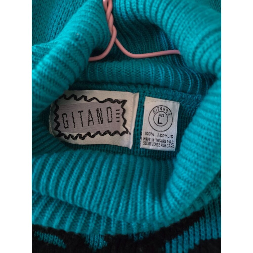 Vintage Gitano Teal Turtleneck‎ Sweater With Aztec Pattern - Size L - Acrylic - Picture 3 of 3